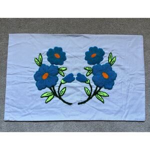 Vtg handmade punch needle pillowcase - Blue Embroidered Needlework Floral Boho
